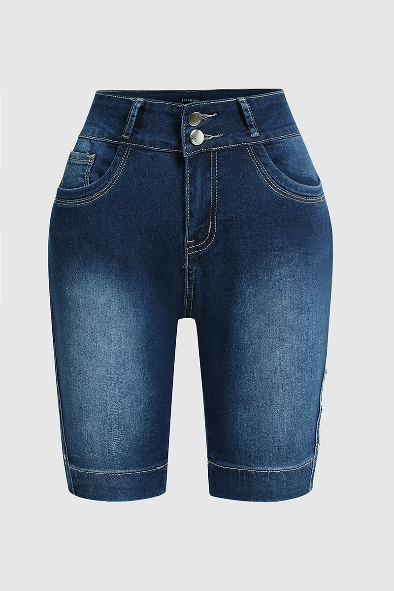Double Button High Rise Skinny Denim Shorts
