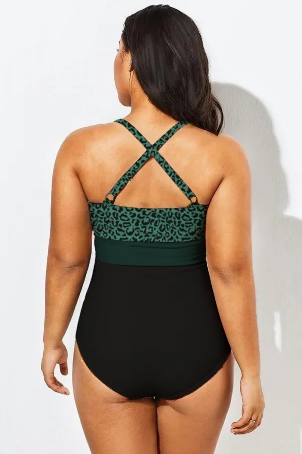 Leopard Green  Twist Front Skinny One Piece Swimsuit