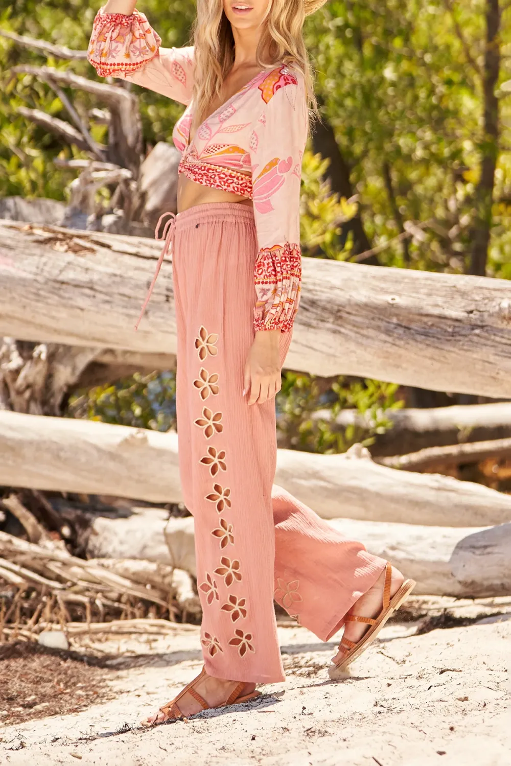 Pink Embroidered Wide Leg Pants