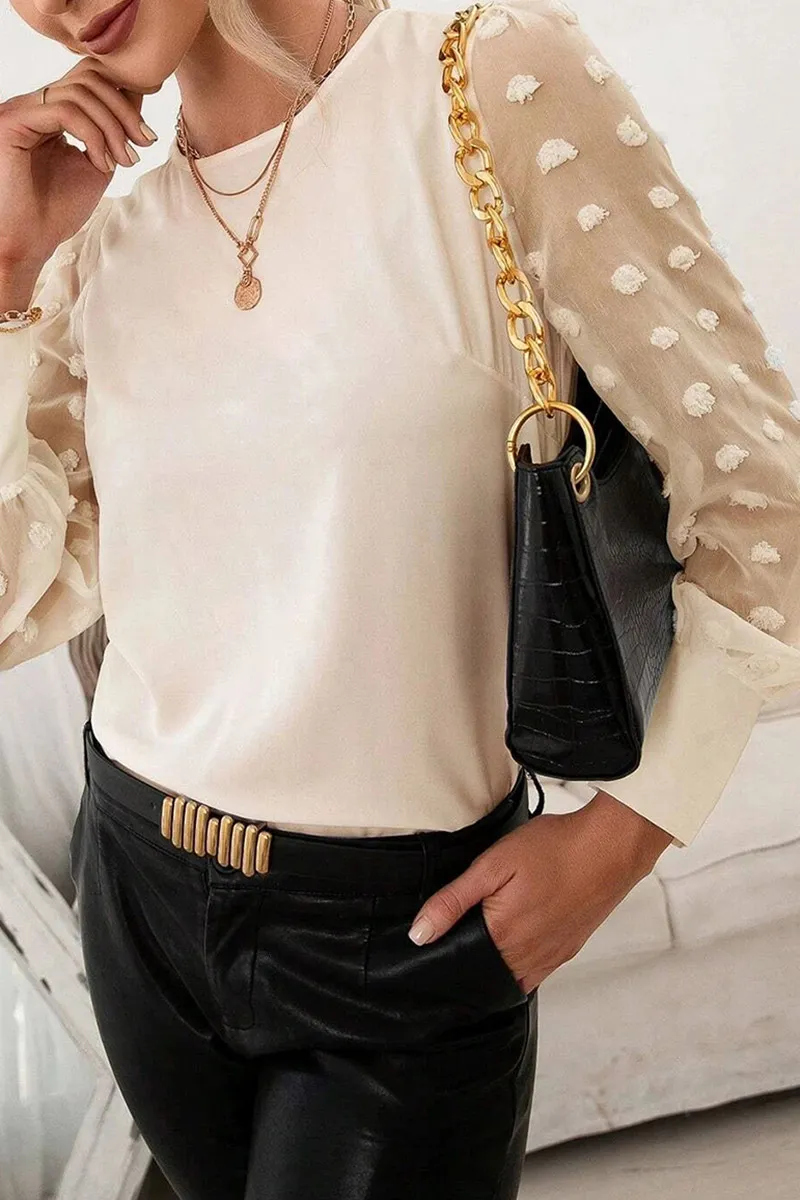 Swiss Dot Lantern Sleeve Keyhole Back Blouse