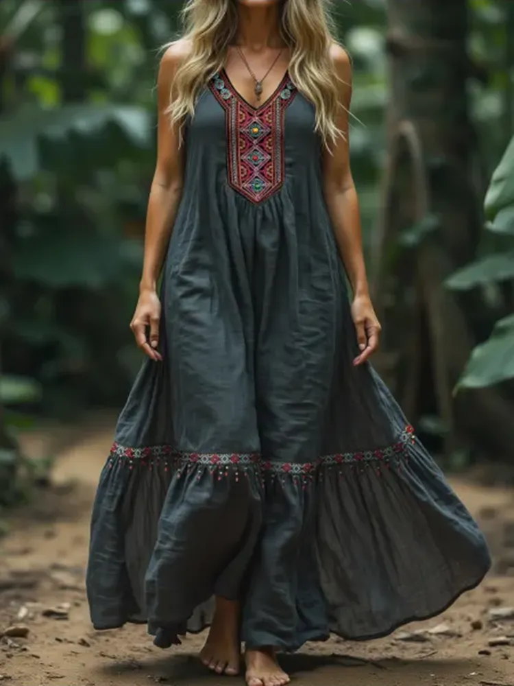 Women's Retro Ethnic Style Ribbon Embroidered Sleeveless Linen V-neck Maxi Dress