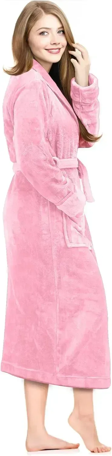 Women Fleece Shawl Collar Bathrobe - Plush Long Robe