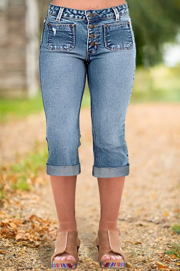 Floral Embroidered Button Fly Mid Rise Capri Jeans