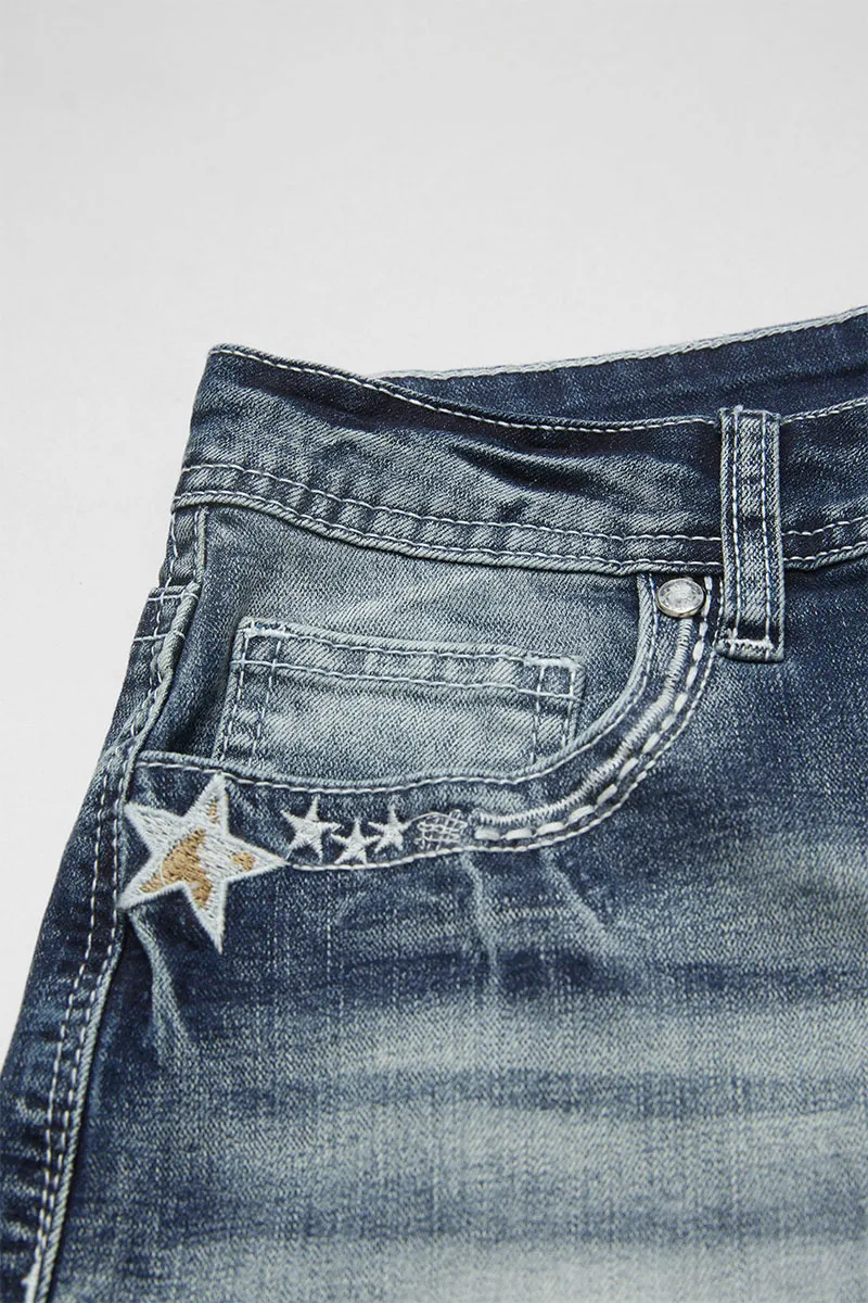 Star Embroidery Stitch Detail Mid Waist Denim Shorts