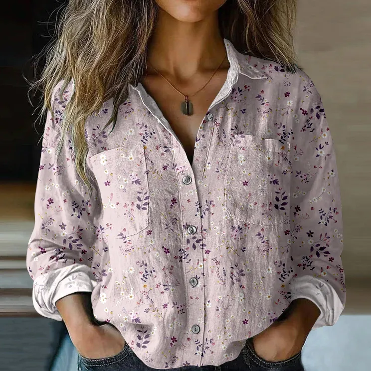 Women's Vintage Floral Art Print Casual Long Sleeve Comfortable Cotton Shirt