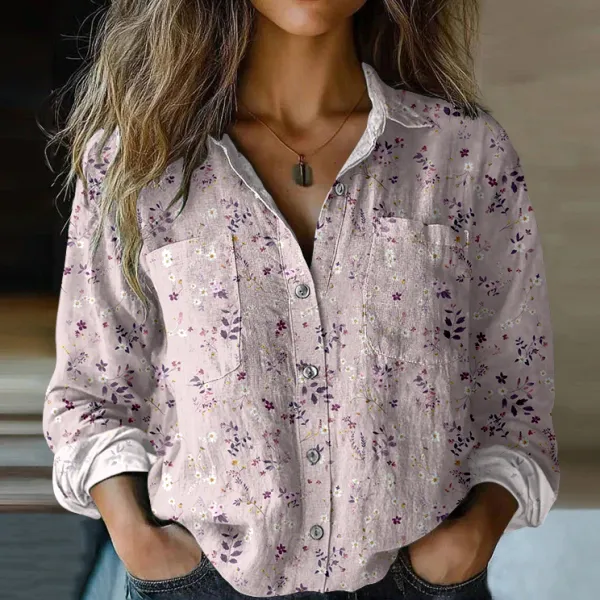 Women's Vintage Floral Art Print Casual Long Sleeve Comfortable Cotton Shirt