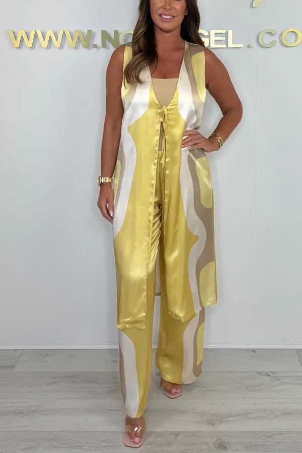 Women'S Satin Contrasting Color Casual Long Top And Pants Two-Piece Set