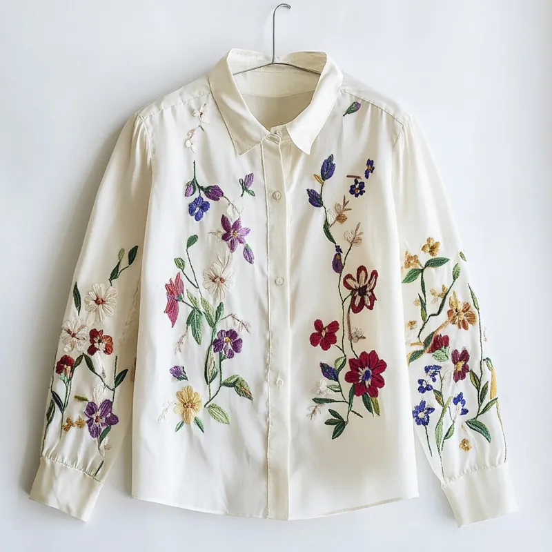 Forest Flower Embroidery Women's Long Sleeve Shirt