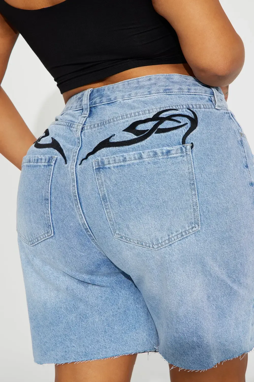 She's Bad Tattoo Embroidered Denim Bermuda Shorts - Light Wash
