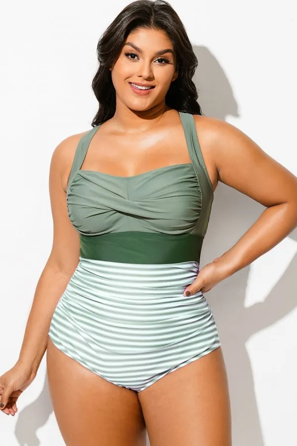 Green Striped Twist Front Skinny One Piece Swimsuit