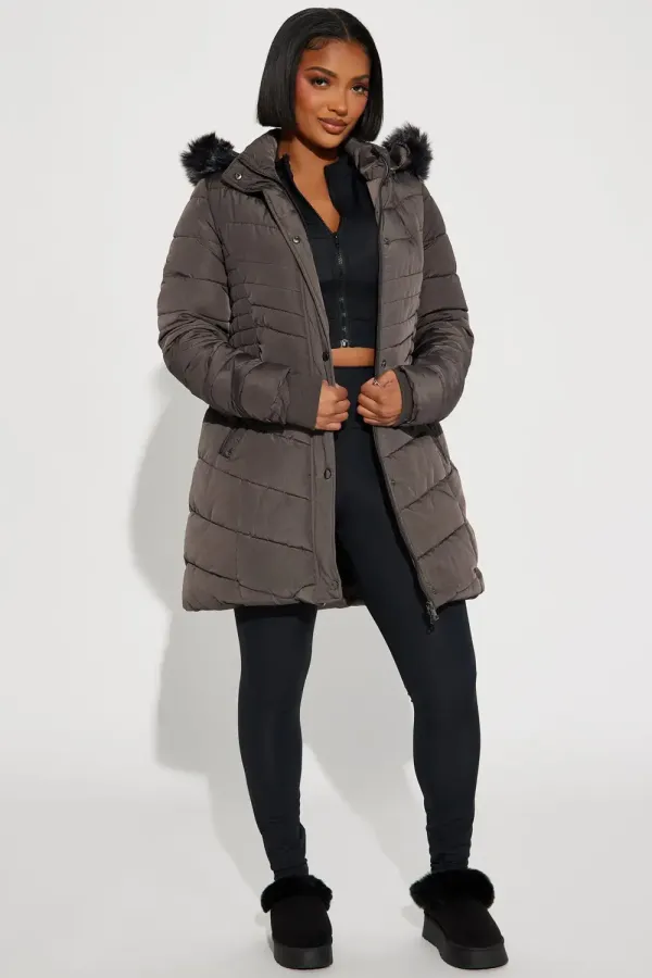 Hugs In The Snow Long Puffer Jacket - Charcoal