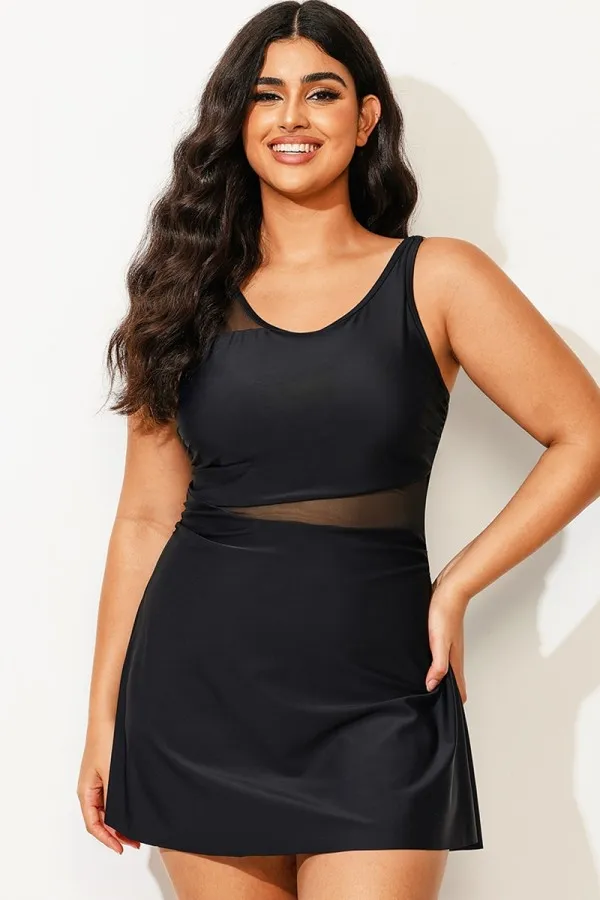 Plus Size V-Neck Black Mesh Panel Swimdress