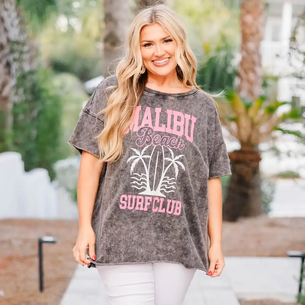 Malibu Surf Club Distressed Boyfriend Tee, Ash Black