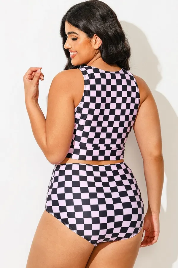 Black & Pink Check Knotted Crop Bikini Top
