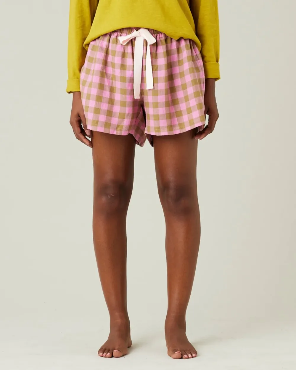SHORTS PINK & OLIVE CHECK LINEN