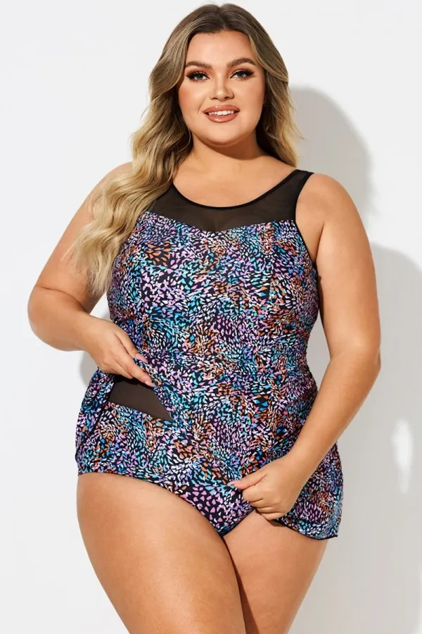 Multi Abstract Print Mesh High Neck Swimdress