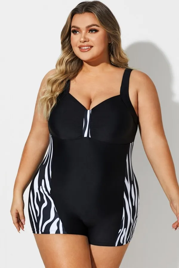 Black & White V-Neck Shorty Sports One Piece Swimsuit