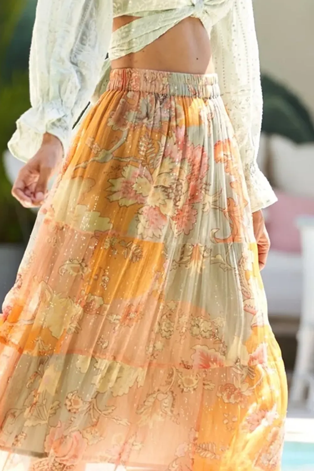 Light Green And Orange Tie Dye Crop Top And Maxi Skirt Set