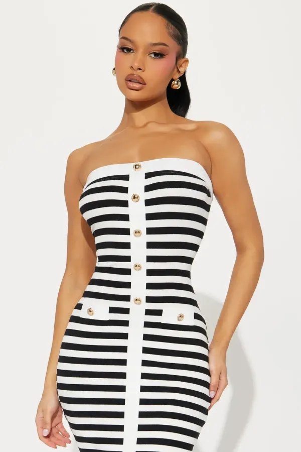 Bon Voyage Striped Midi Dress - Black/White