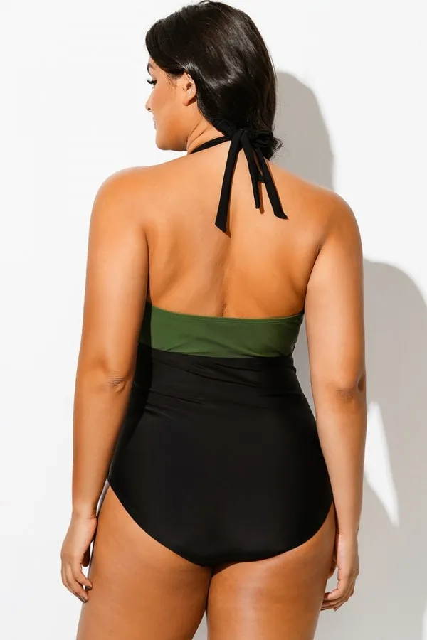 Green Halter V-Neck Colorblock One Piece Swimsuit