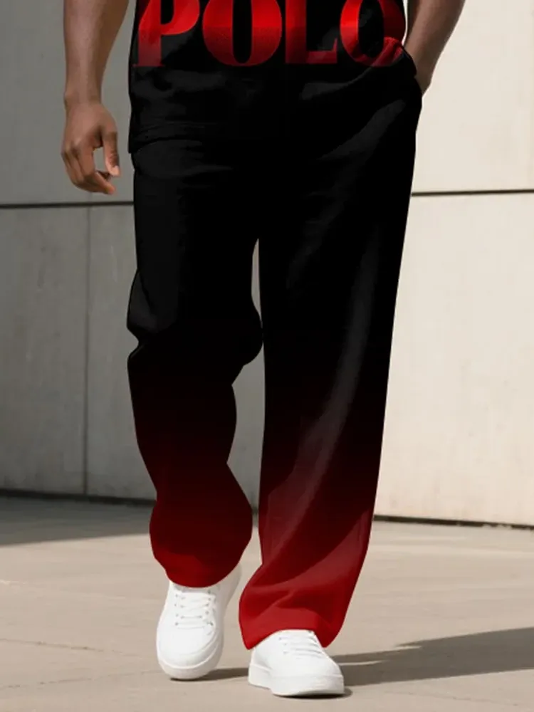 Men'S Plus Size Red And Black Gradient Letter Print T-Shirt Trousers Suit