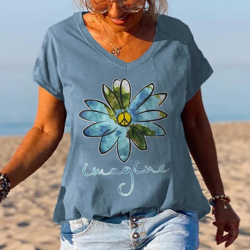 Peace Flower Women Solid Color V-neck Tees