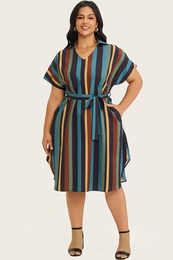 Striped Block Dolman Sleeve Belted Midi Dress