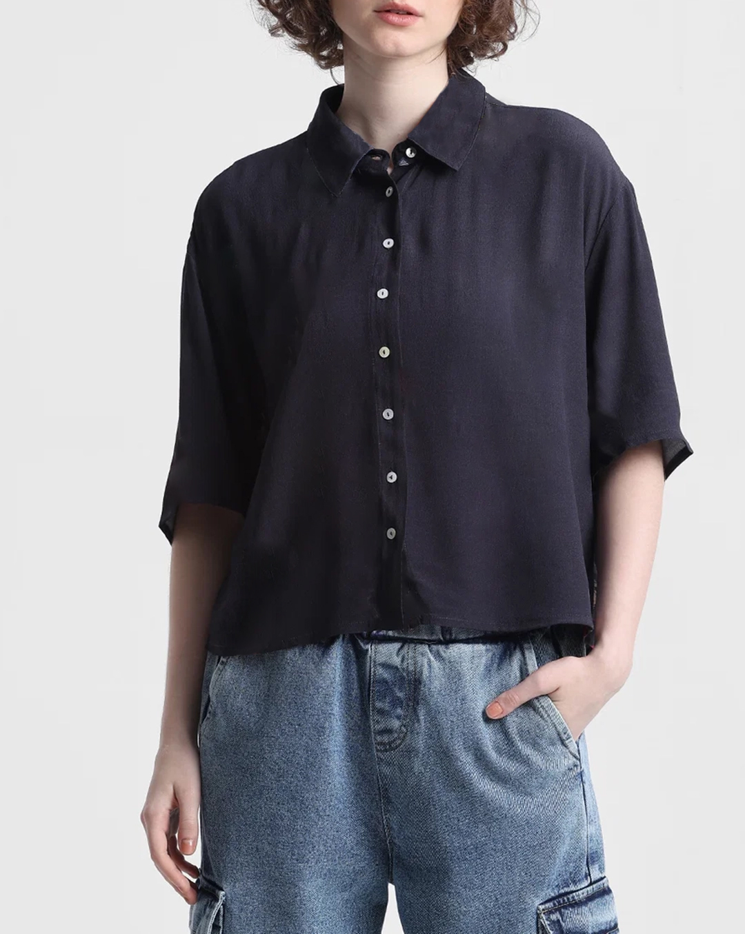 Navy Blue Short Sleeve Button Down Shirt