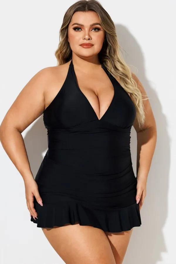Black Halter Neck Ruched Tummy Control Swimdress