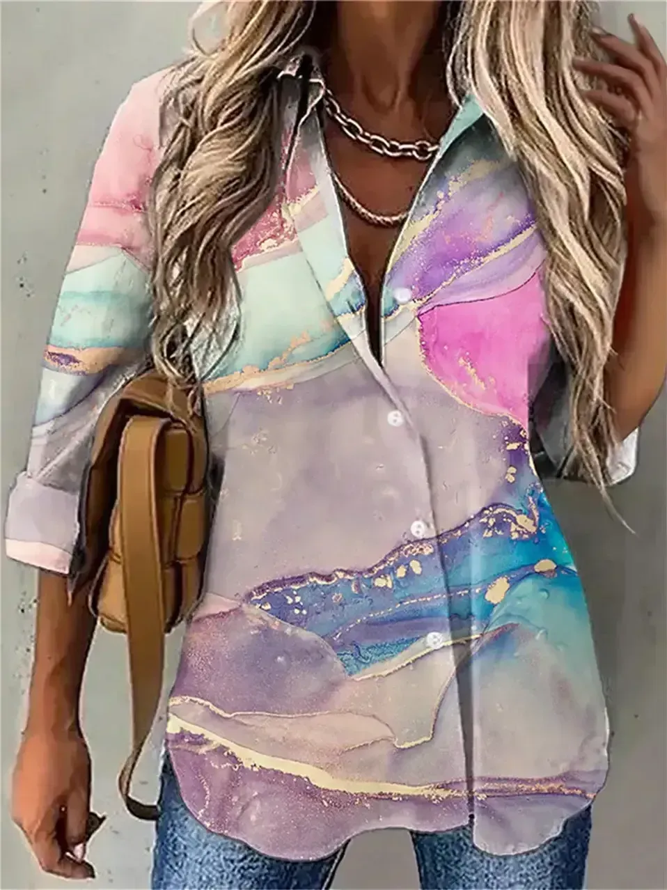 Women 3/4 Sleeve Shirt Collar Floral Printed Animal Print Button Top Shirts