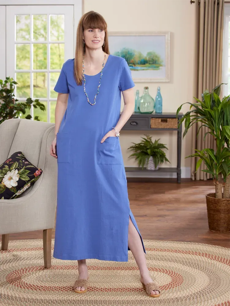 M.MAC Solid Cotton Knit Ankle-Length Dress With Pockets