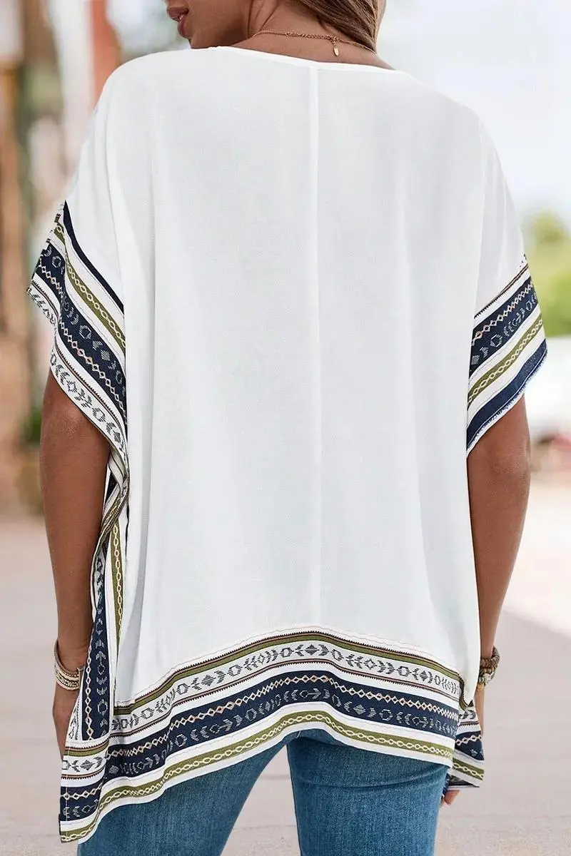 Striped Split Side V Neck Dolman Sleeve Blouse