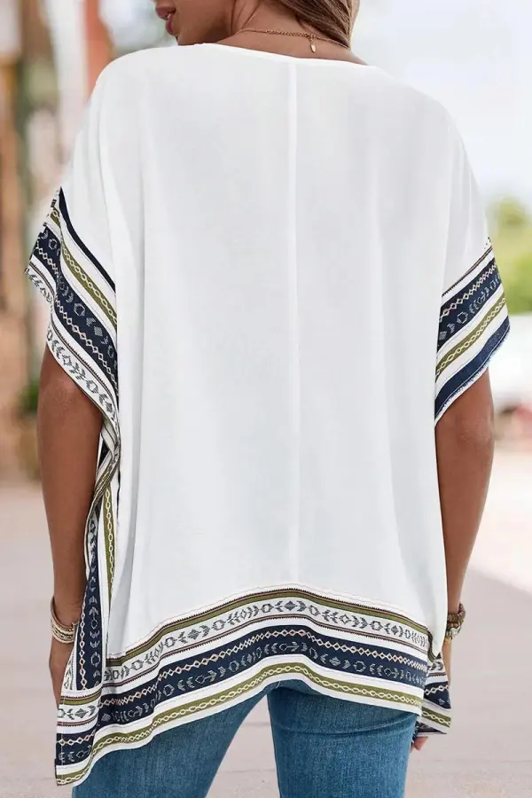Striped Split Side V Neck Dolman Sleeve Blouse