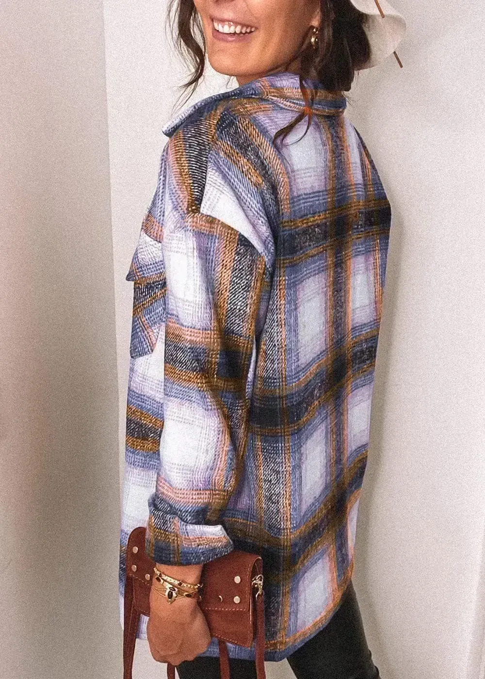 Women's 2023 Fall Clothes Plaid Shacket Jacket Long Sleeve Button Down Flannel Shirts Fashion Blouse