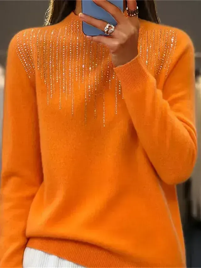 Women‘s Christmas Pullover Sweater Jumper Crew Neck Ribbed Knit Acrylic Sequins Fall Winter Regular Outdoor Daily Going out Xmas Stylish Casual Long Sleeve Solid Color Black White Light Green S M L