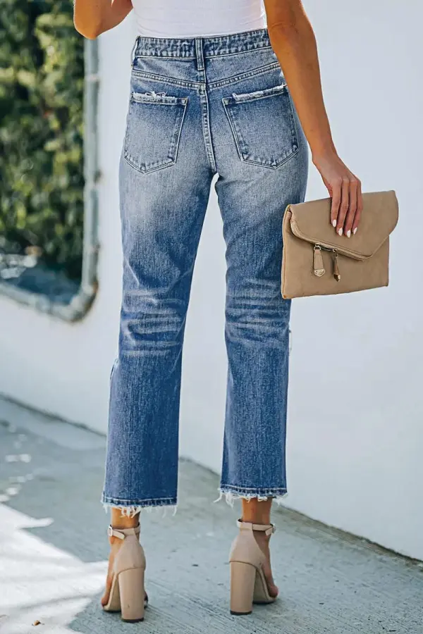 Cut Out Raw Hem High Waist Straight Leg Cropped Jeans