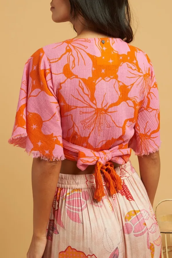 Pink And Orange Floral Print Knot Front Crop Top