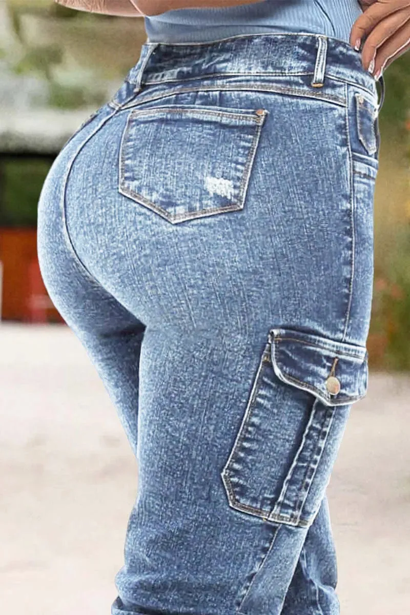 Wash Ripped Flap Pocket High Rise Cargo Jeans