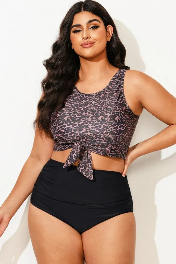 Dark Leopard Print Knotted Crop Bikini Top
