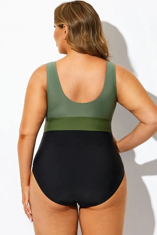 Green Colorblock V-Neck One Piece Swimsuit