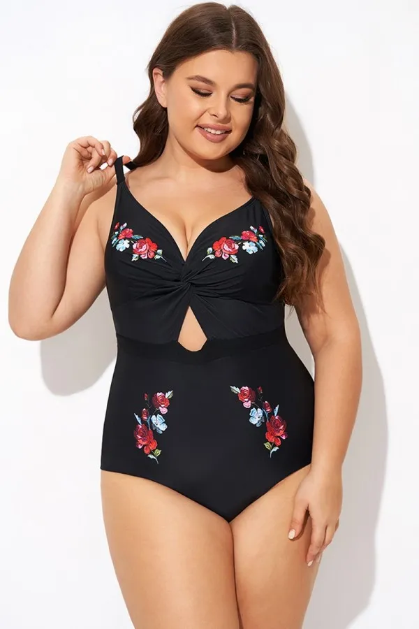 Black Flower Adjustable Straps Cut Out Front One Piece Swimsuit