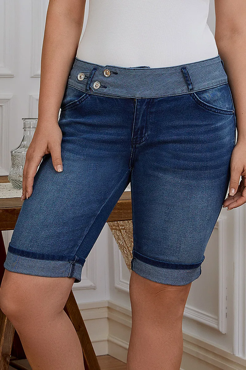 Two Tone Button Detail Ripped Roll Hem Mid Rise Denim Bermuda Shorts