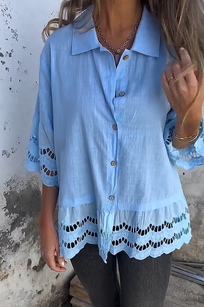 Women's solid color cotton and linen hollow out shirt