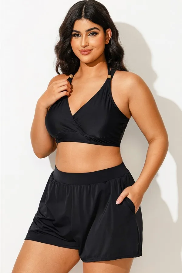 Plus Size Black V-Neck Crossback Bikini Top