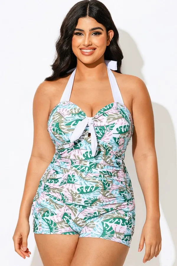 Plus Size Green Monstera Print One Piece Swimsuit