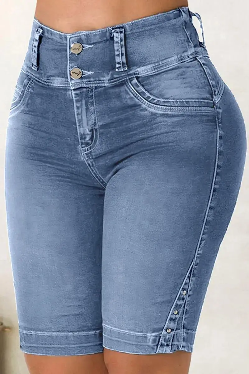 Wash Button Detail High Waist Bermuda Denim Shorts