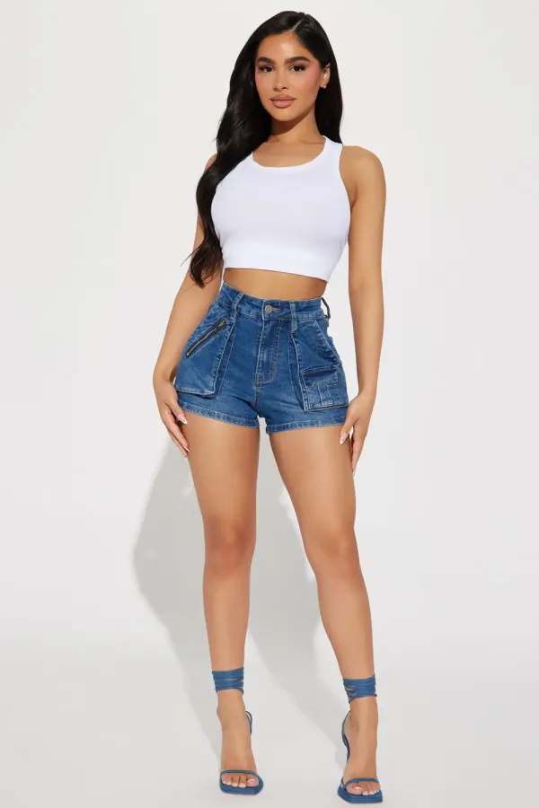 Same Girl Zip Cargo Stretch Denim Shorts - Dark Wash