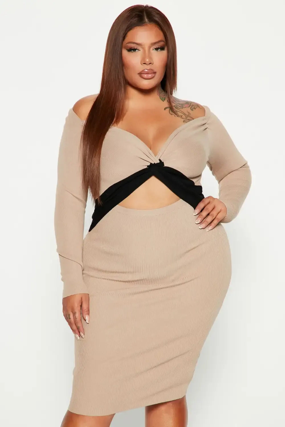 Think of U Sweater Midi Dress - Taupe/combo