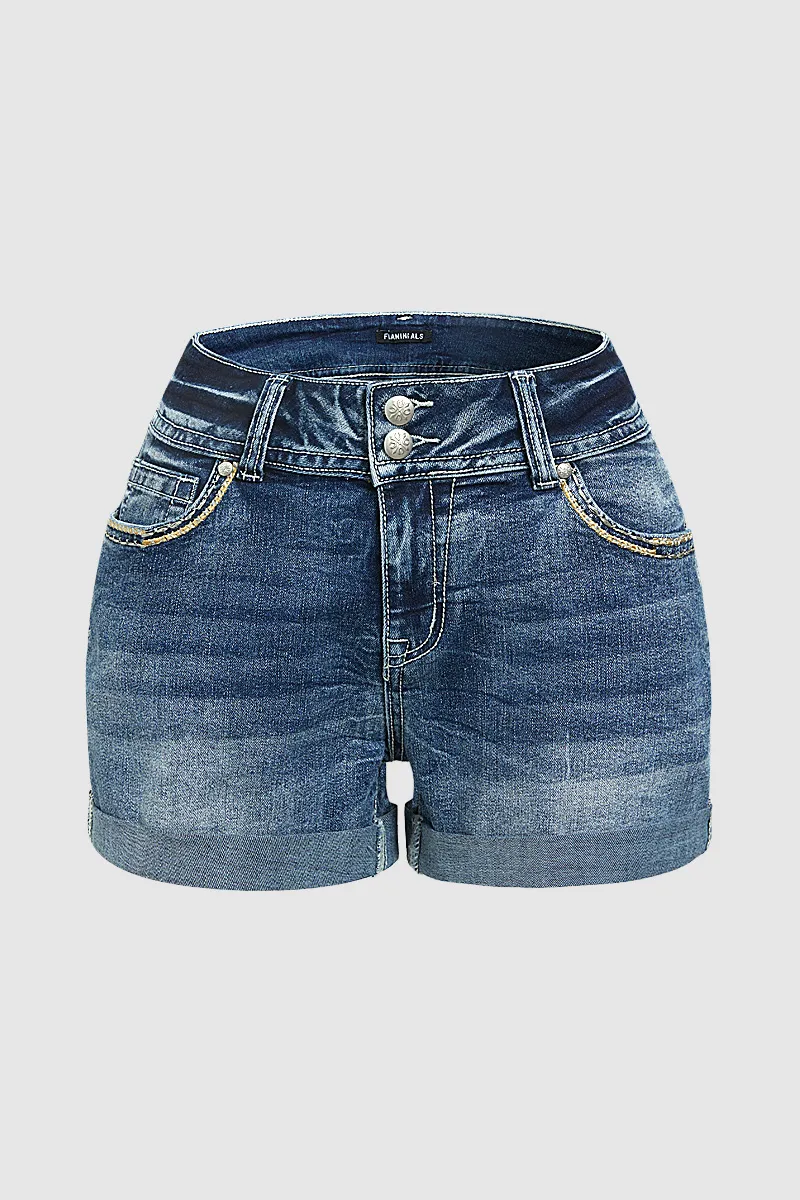Roll Hem Double Button Mid Rise Denim Shorts
