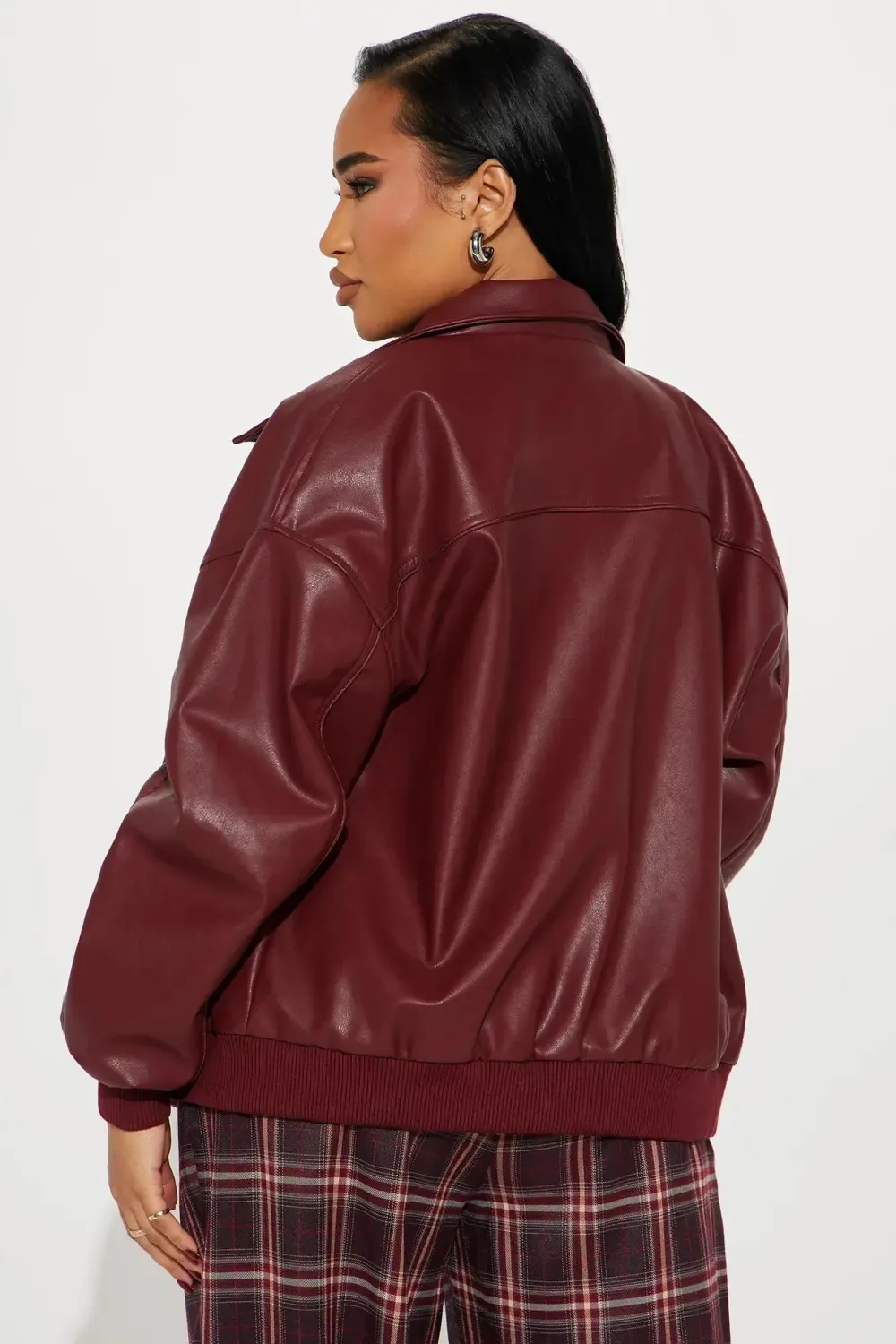 Ellie Oversized Faux Leather Bomber Jacket - Burgundy